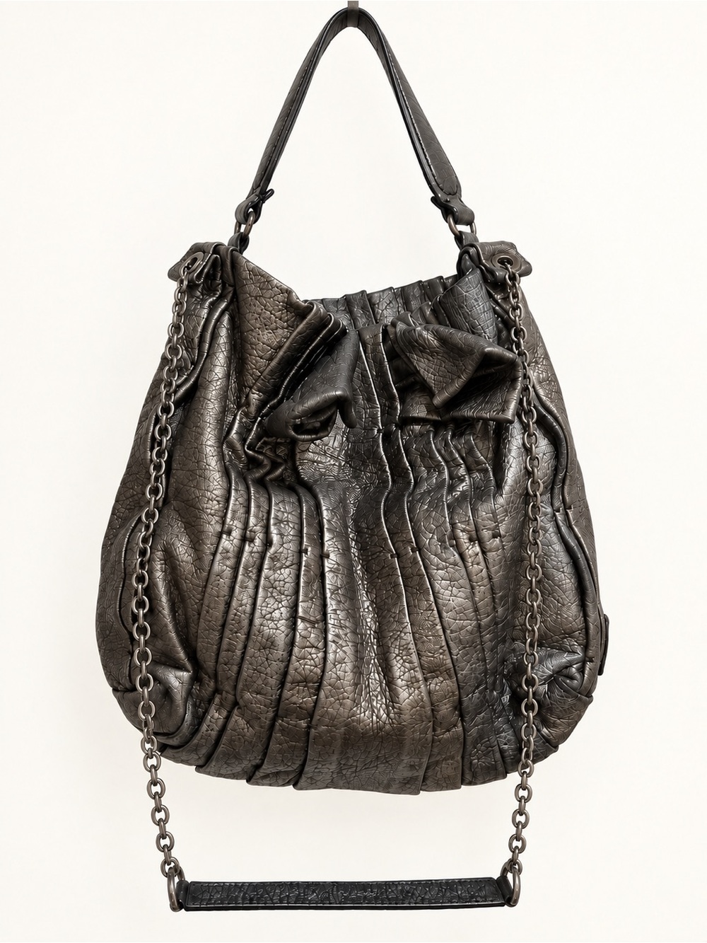 Valentino Garavani Metallic Pewter Pleated Leather Bow Hobo Bag
